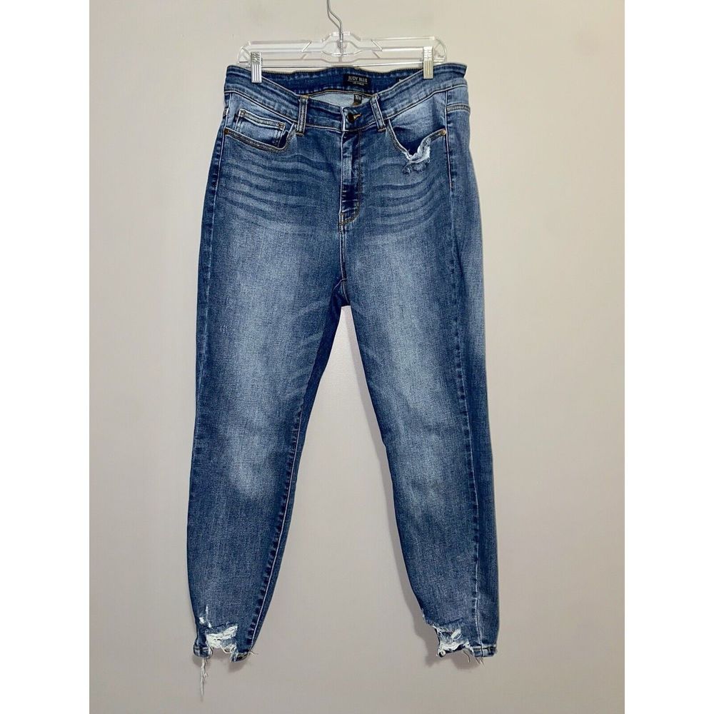 Judy Blue High Rise Slim Fit Ankle Jeans Blue Denim Whiskered Stretch Comfort 16